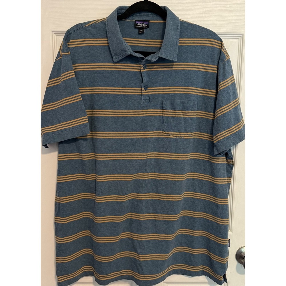 Patagonia Mens XXL Squeaky Clean Polo Shirt Blue Stripe‎ Camping Hiking #52776